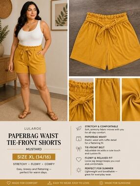 Mustard Paperbag Waist Tie-Front Shorts Lularoe XL 14/16 Stretchy Flowy Summer